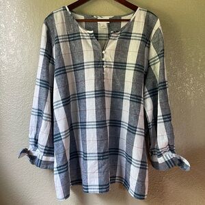 Liz Claiborne Womens XXL 2XL Linen Blend Blue Plaid Tunic 3/4 Tie Sleeve Blouse